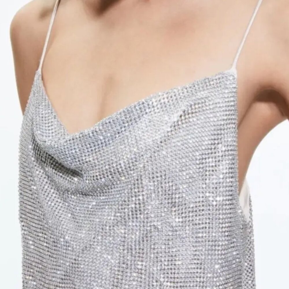 Alice & Oliva Harmon Crystal Cowl Neck Chainmail Slip Tank